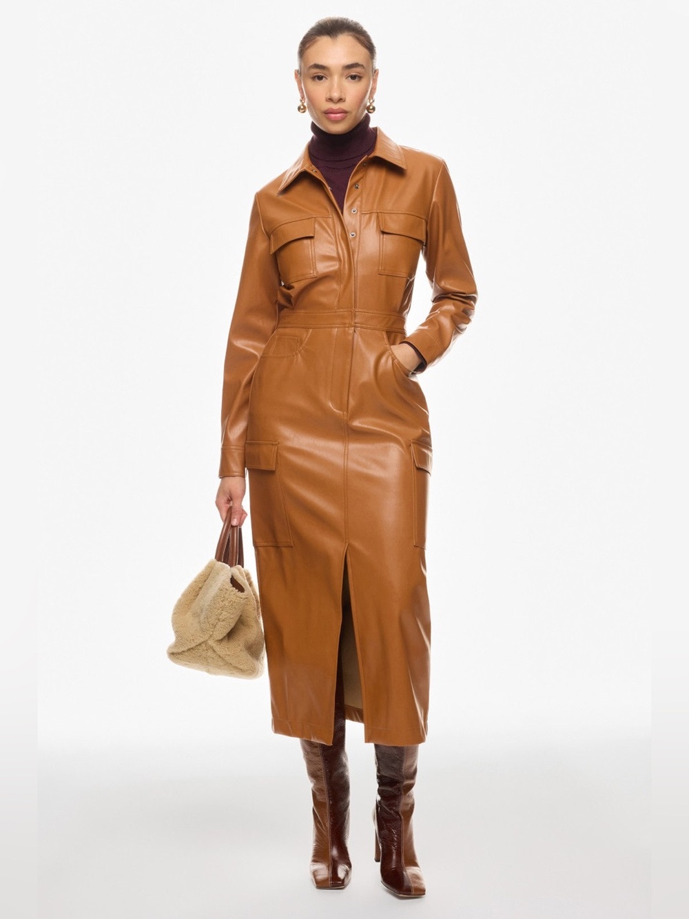 Faux Leather Utility Shirt Dress Coat in Cognac
